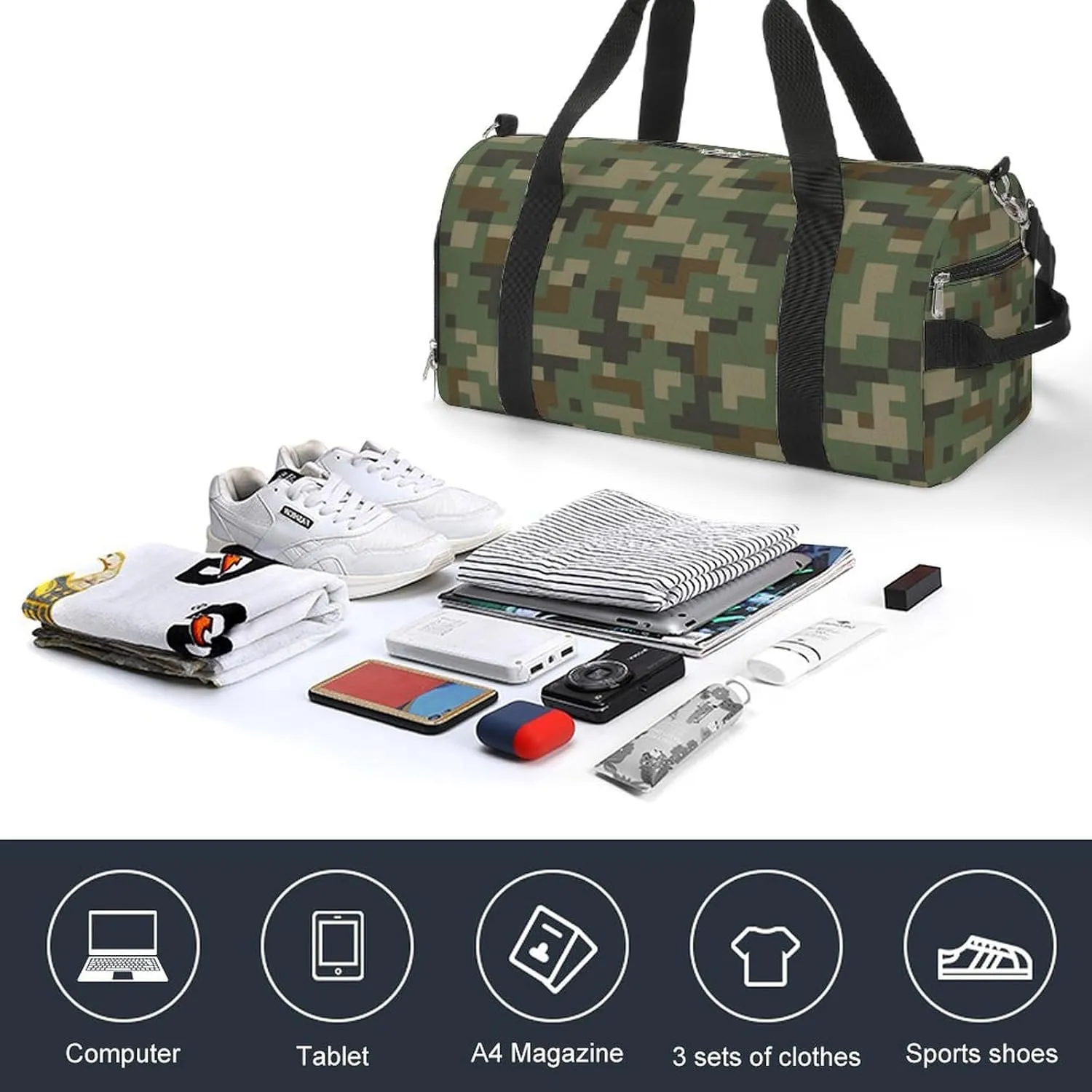 Digital Green Camouflage Fitness Large Gym Bag for Unisex with Shoe Compartment & Wet Pocket