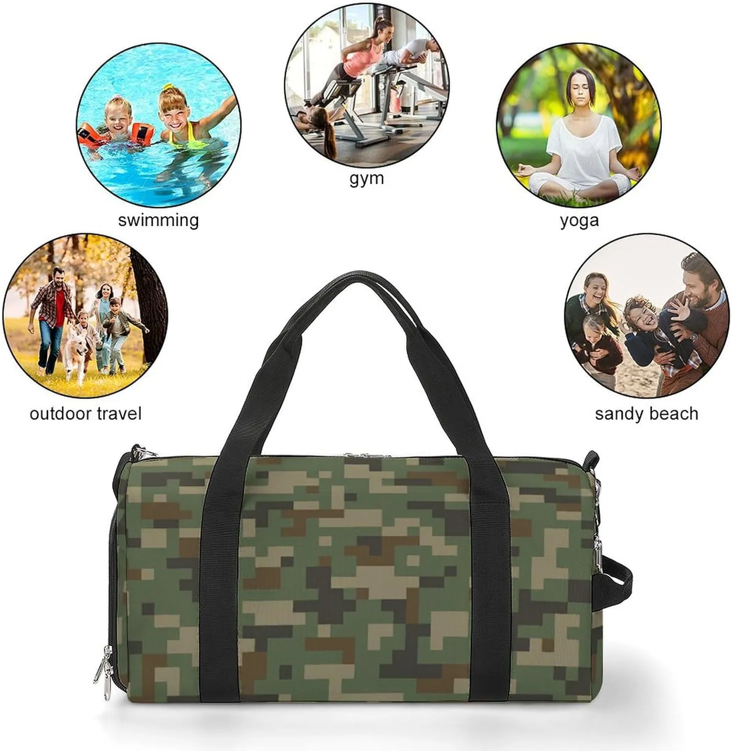 Digital Green Camouflage Fitness Large Gym Bag for Unisex with Shoe Compartment & Wet Pocket