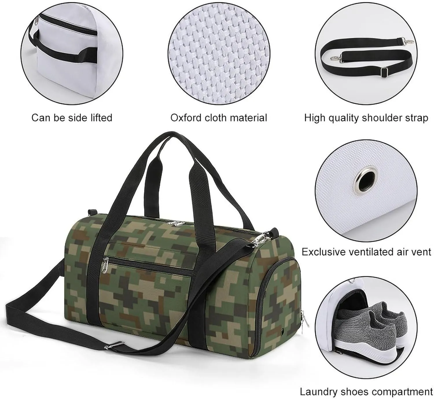 Digital Green Camouflage Fitness Large Gym Bag for Unisex with Shoe Compartment & Wet Pocket