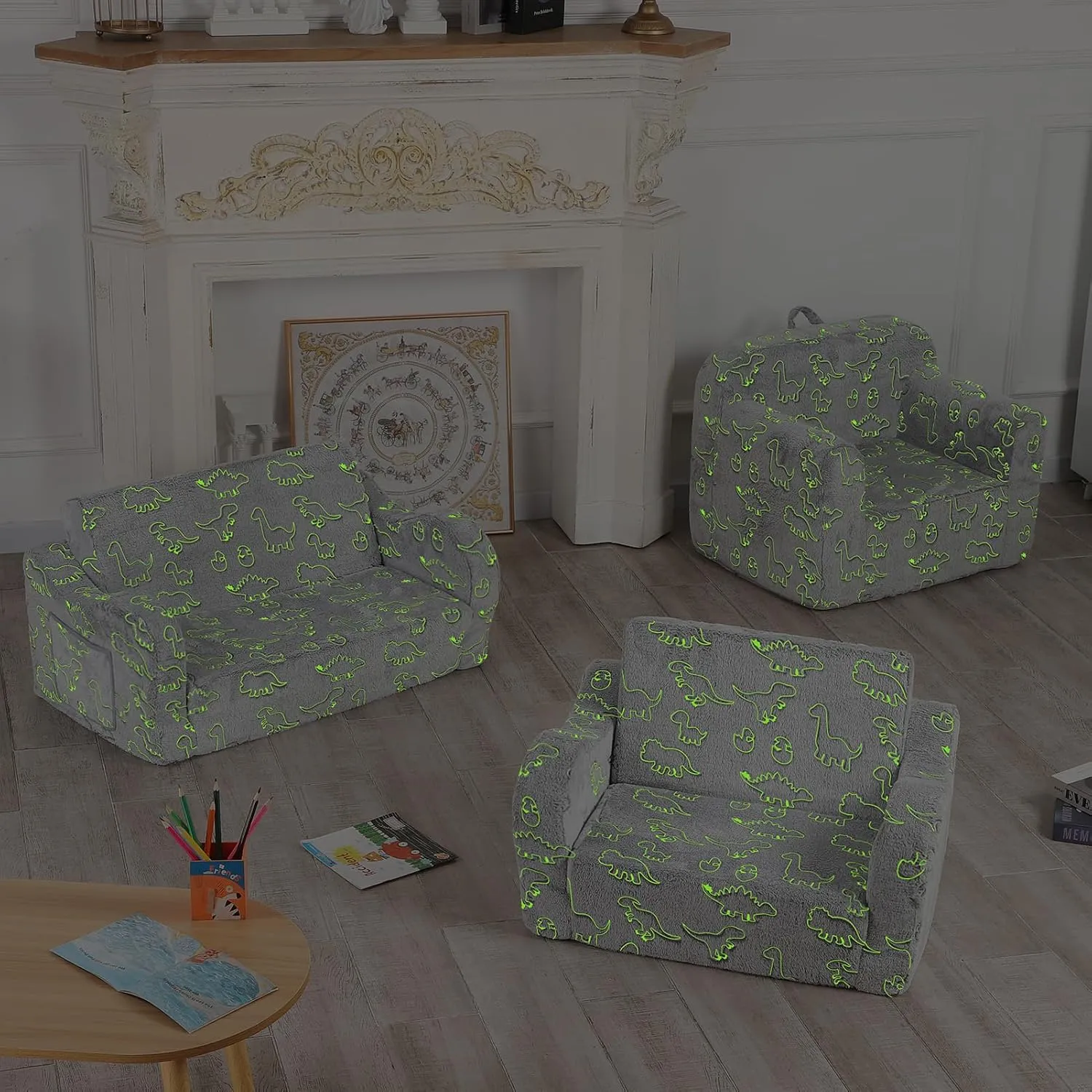 Dinosaur Glow in The Dark Toddler Couch, 2-in-1 Toddler Soft Couch Fold Out with Star Pillow, Convertible Sofa to Lounger for Girls and Boys, 1-Seat