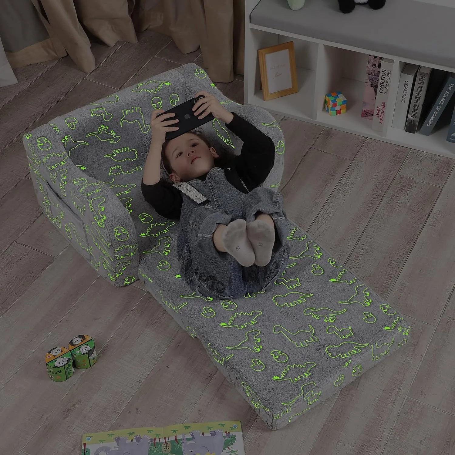 Dinosaur Glow in The Dark Toddler Couch, 2-in-1 Toddler Soft Couch Fold Out with Star Pillow, Convertible Sofa to Lounger for Girls and Boys, 1-Seat