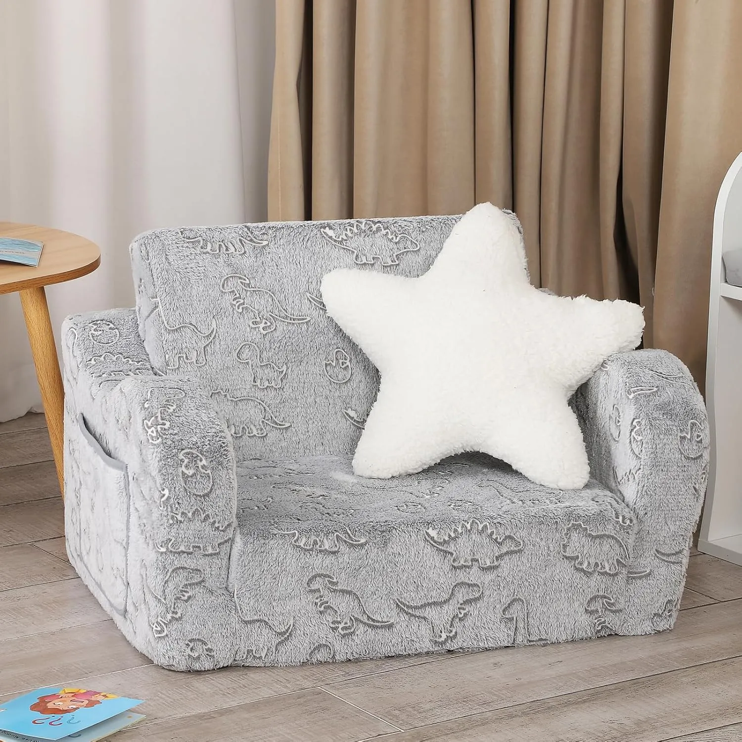 Dinosaur Glow in The Dark Toddler Couch, 2-in-1 Toddler Soft Couch Fold Out with Star Pillow, Convertible Sofa to Lounger for Girls and Boys, 1-Seat