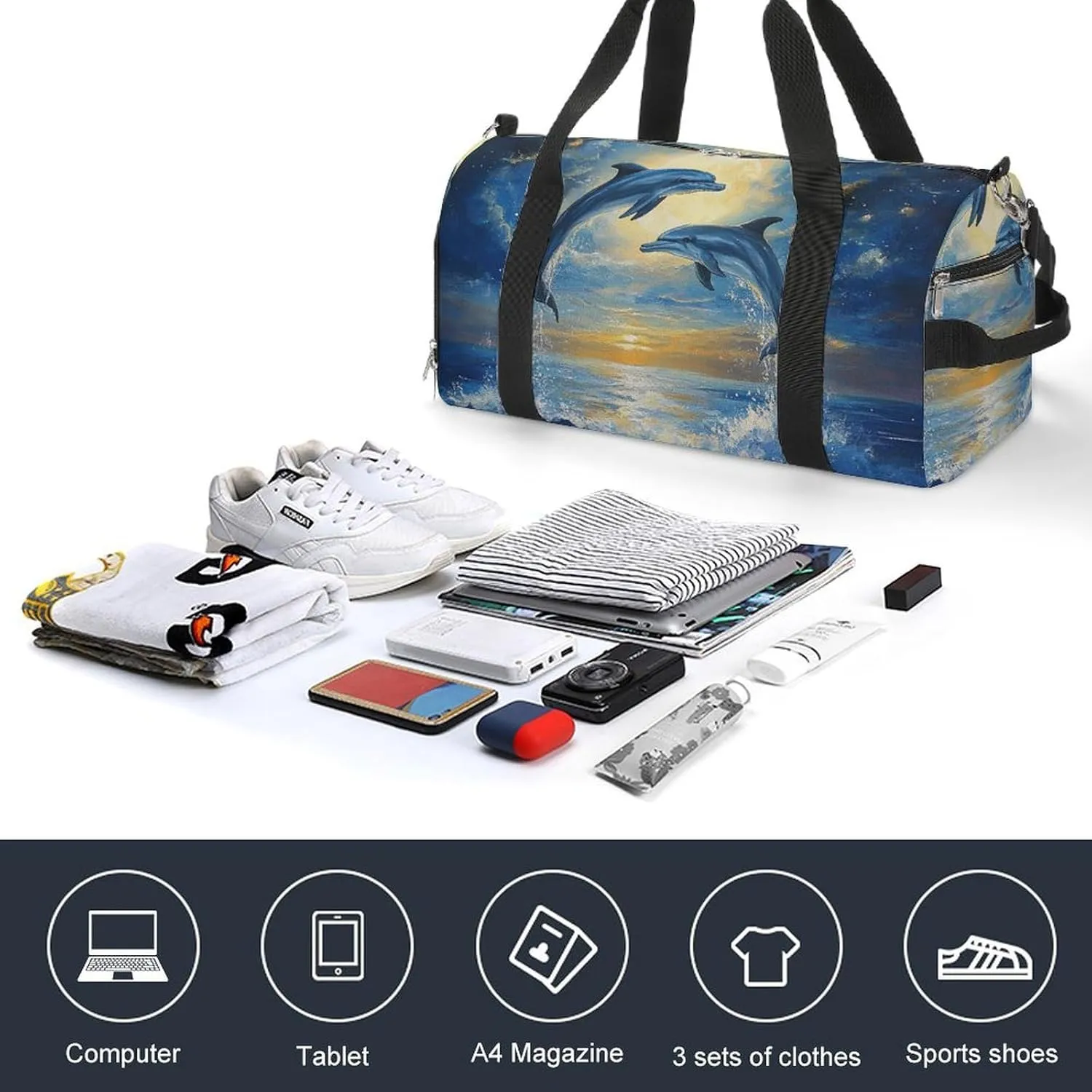 Dolphins Leaping in The Moonlight Fitness Large Gym Bag for Unisex with Shoe Compartment & Wet Pocket