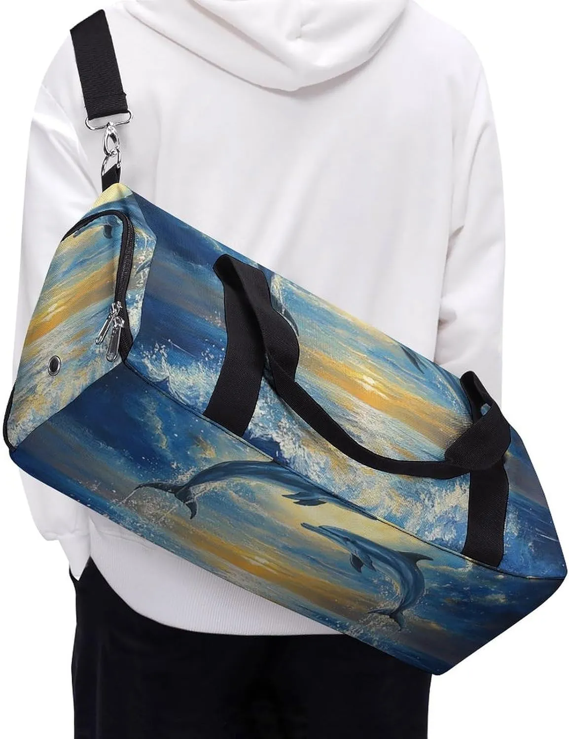 Dolphins Leaping in The Moonlight Fitness Large Gym Bag for Unisex with Shoe Compartment & Wet Pocket