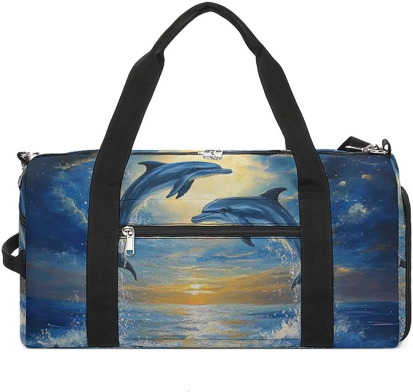 Dolphins Leaping in The Moonlight Fitness Large Gym Bag for Unisex with Shoe Compartment & Wet Pocket
