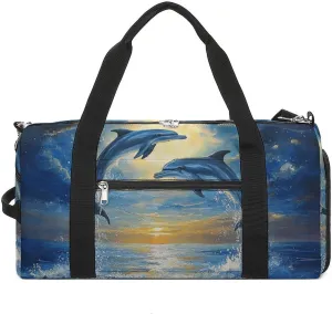 Dolphins Leaping in The Moonlight Fitness Large Gym Bag for Unisex with Shoe Compartment & Wet Pocket