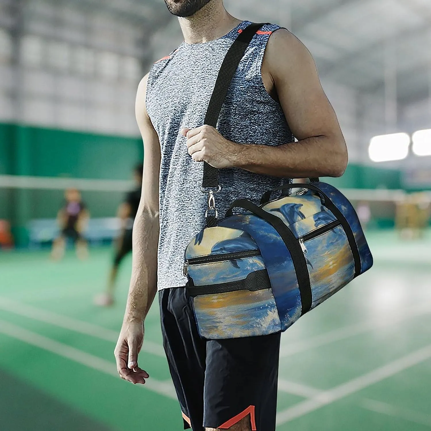 Dolphins Leaping in The Moonlight Fitness Large Gym Bag for Unisex with Shoe Compartment & Wet Pocket