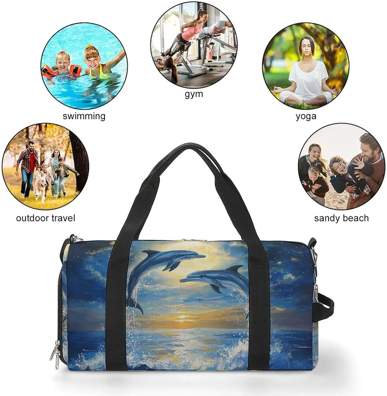 Dolphins Leaping in The Moonlight Fitness Large Gym Bag for Unisex with Shoe Compartment & Wet Pocket