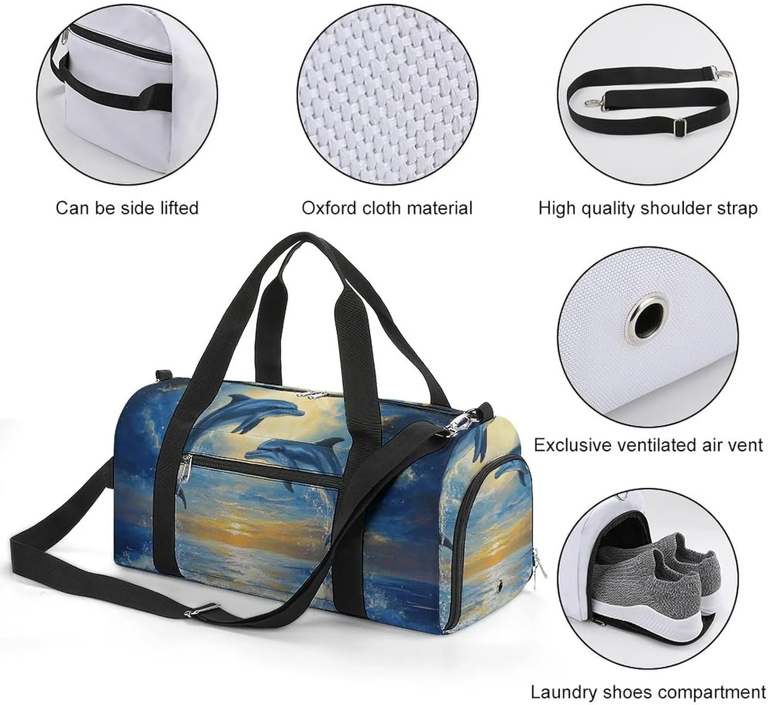 Dolphins Leaping in The Moonlight Fitness Large Gym Bag for Unisex with Shoe Compartment & Wet Pocket