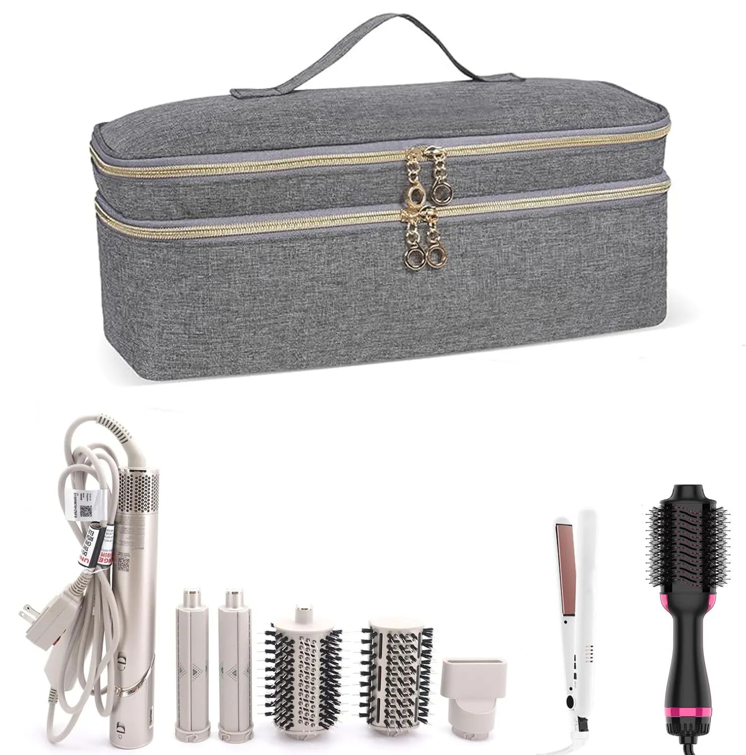 Double-Layer Travel Carrying Case for Revlon One-Step Hair Dryer and Volumizer Hot Air Brush, Portable Storage Organizer Bag Compatible with Shark FlexStyle/Dyson Airwrap Styler (Grey)