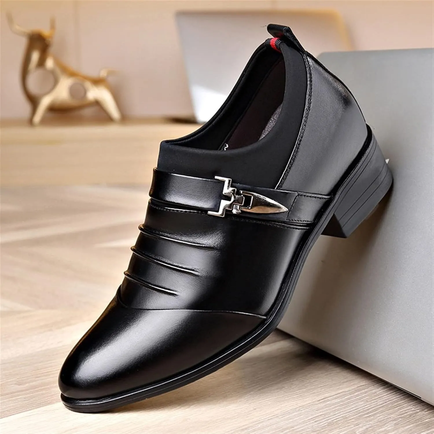 Dress Oxford for Men Slip On Pleated Monk Strap Height Increasing Elevator 2.7 Inches Leather Rubber Sole Block Heel Non Slip Anti-Slip Outdoor