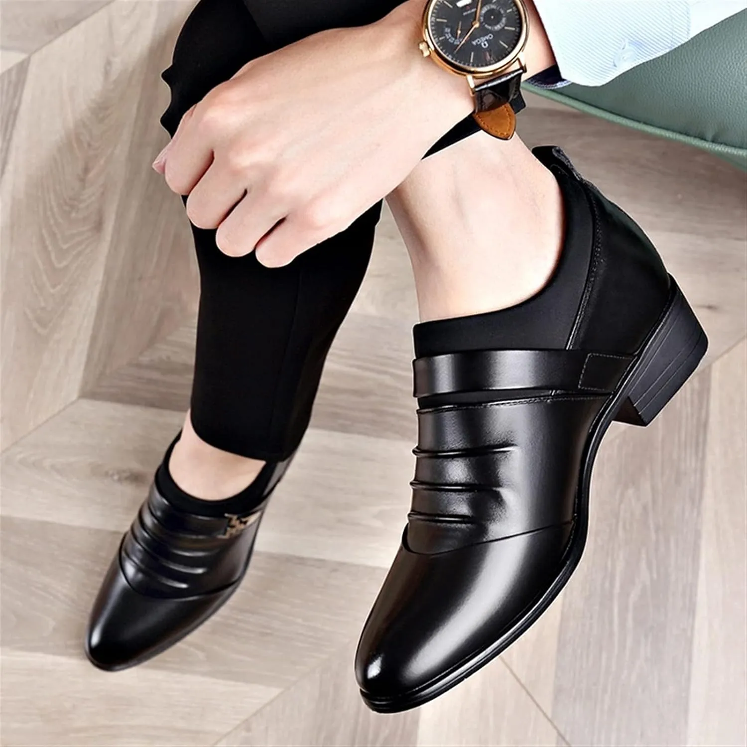 Dress Oxford for Men Slip On Pleated Monk Strap Height Increasing Elevator 2.7 Inches Leather Rubber Sole Block Heel Non Slip Anti-Slip Outdoor