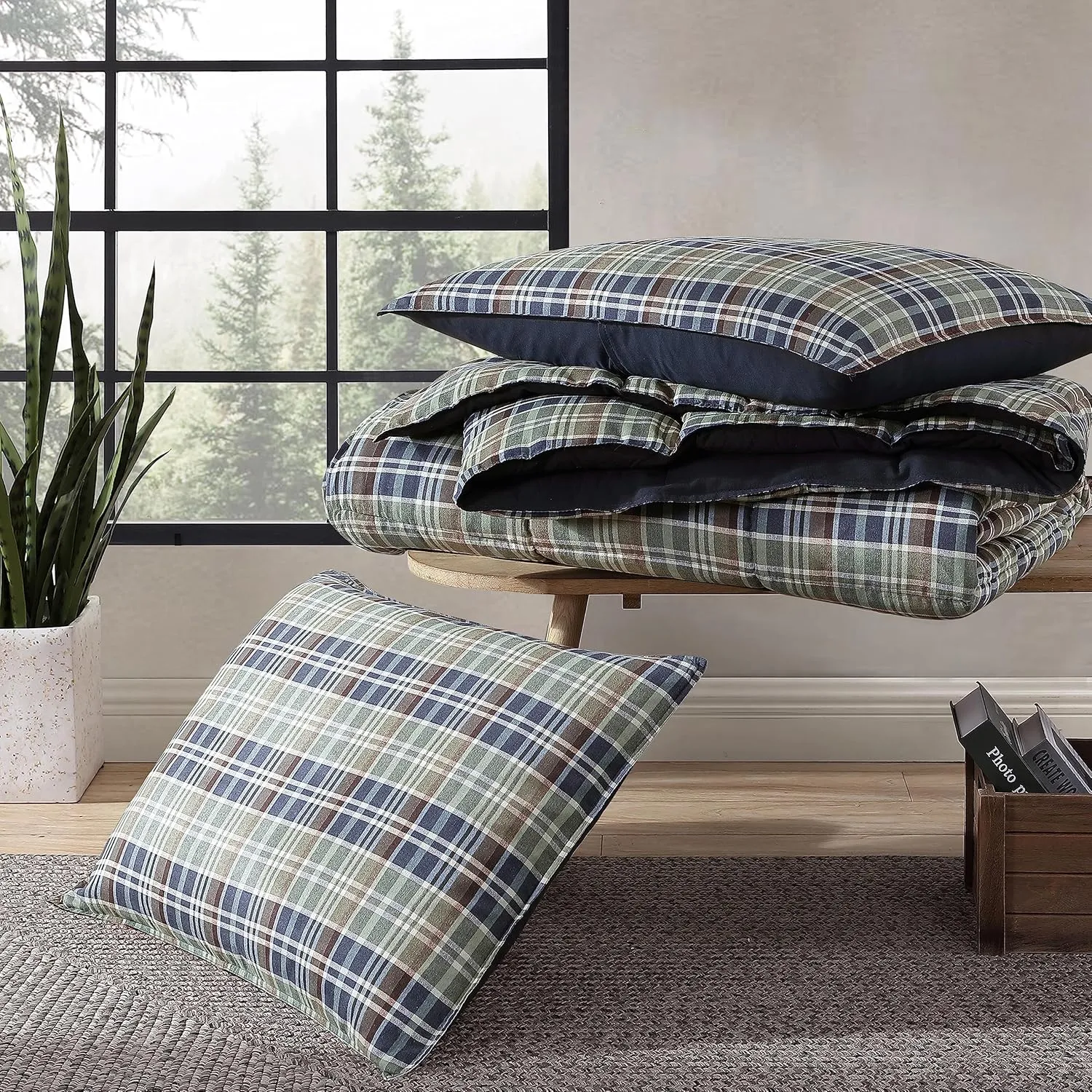 Eddie Bauer Comforter Set Reversible Plaid Alt Down Bedding with Matching Shams, Home Decor for Colder Months, King, Rugged Navy