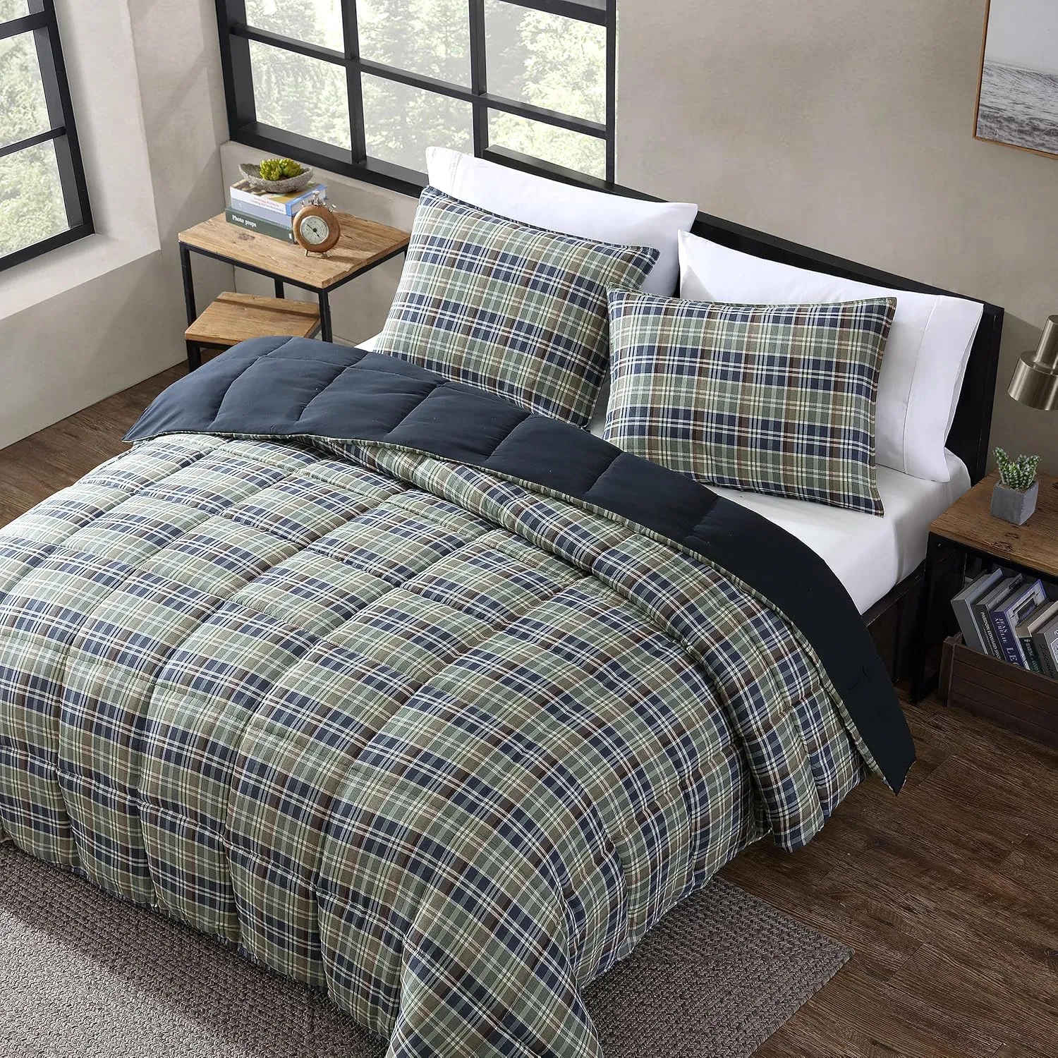 Eddie Bauer Comforter Set Reversible Plaid Alt Down Bedding with Matching Shams, Home Decor for Colder Months, King, Rugged Navy
