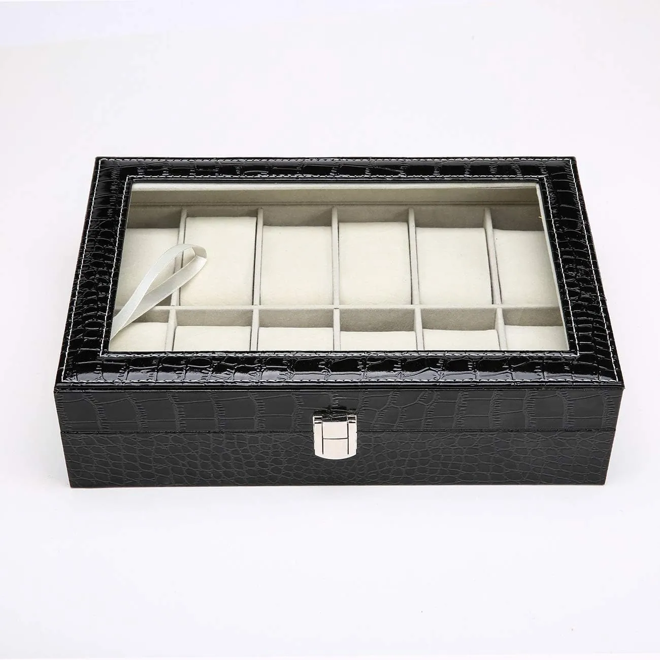 Elegant Large Leather Watch Box Organizer for Men Women with 12 Slots, Transparent top, Portable Watch Holder Mens Watches Case Storage Best Gift for The Husband Friend, Black, 30x 20 x 8cm