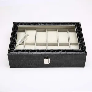 Elegant Large Leather Watch Box Organizer for Men Women with 12 Slots, Transparent top, Portable Watch Holder Mens Watches Case Storage Best Gift for The Husband Friend, Black, 30x 20 x 8cm