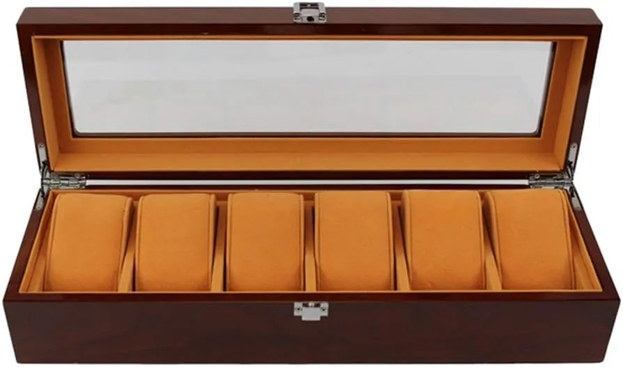 Elegant Large Wooden Watch Box Organizer for Men Women with 6 Slots, Transparent top, Portable Watch Holder Mens Watches Case Storage Best Gift for The Husband/Friend, 36x 12 x 8cm