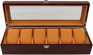 Elegant Large Wooden Watch Box Organizer for Men Women with 6 Slots, Transparent top, Portable Watch Holder Mens Watches Case Storage Best Gift for The Husband/Friend, 36x 12 x 8cm