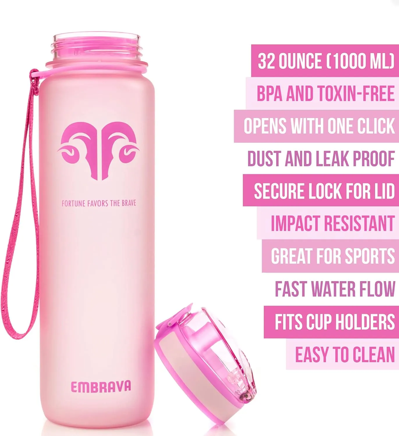 Embrava Sports Water Bottle - 32oz Large - Fast Flow Quick Sip Lid - BPA & BPS Free - Leakproof, Flip Top - Lightweight & Sturdy Tritan Plastic - Strainer for Fruit & Ice