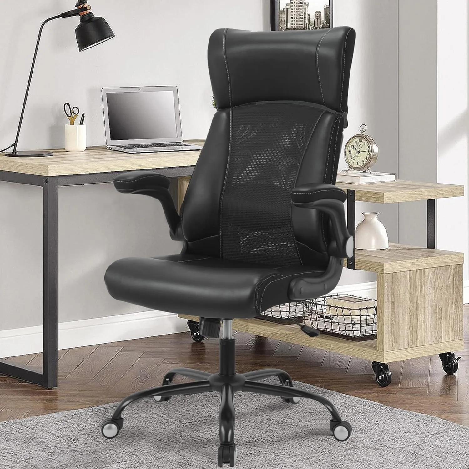 Ergonomic Office Chair, Home Desk Mesh Chair, High Back Leather Computer Chairs, Executive Chairs with Flip-Up Arm & Lumbar Support, Height Adjustable Rolling Swivel Chair (Black)