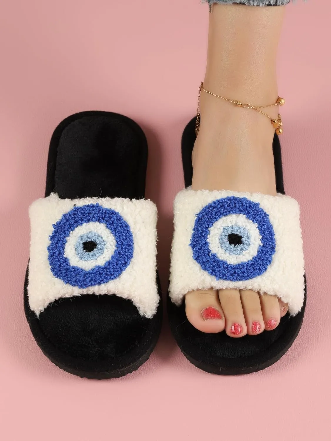 Evil Eye Slippers Evil Eye Decor Women Slippers for House Bedroom Sandals Fuzzy Plush Slides Flip Flop Indoor Outdoor Shoes