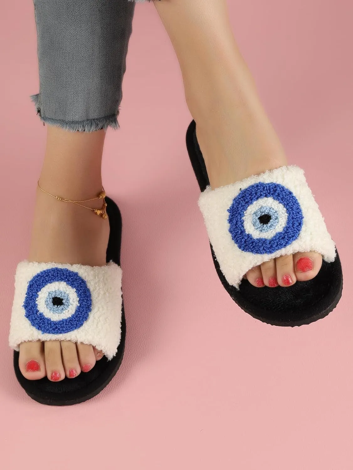 Evil Eye Slippers Evil Eye Decor Women Slippers for House Bedroom Sandals Fuzzy Plush Slides Flip Flop Indoor Outdoor Shoes