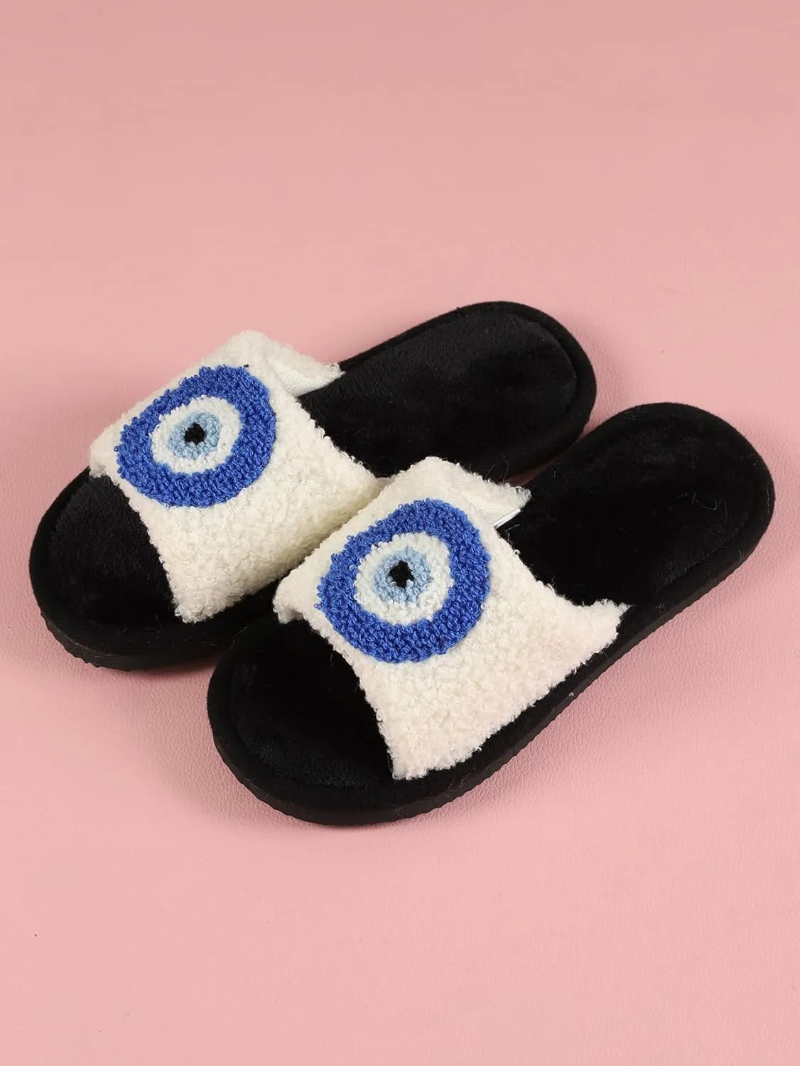Evil Eye Slippers Evil Eye Decor Women Slippers for House Bedroom Sandals Fuzzy Plush Slides Flip Flop Indoor Outdoor Shoes