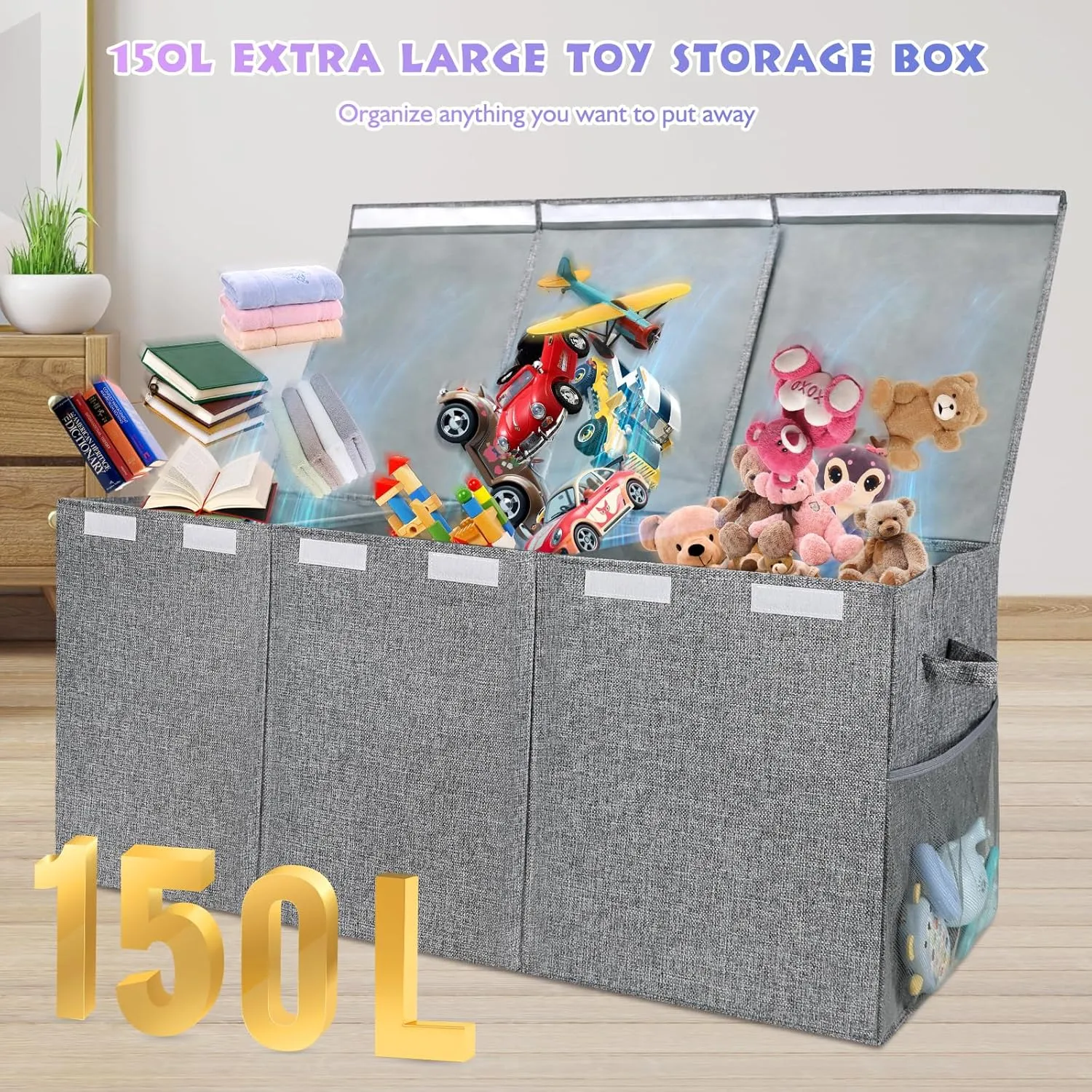 Extra Large Toy Storage Organizer with Lid, Large Toy Box Collapsible Toy Chest Storage Box Design - Toys Bin with Dividers for Kids, Nursery, Bedroom, Playroom-39.37"x13.78"x15.75''