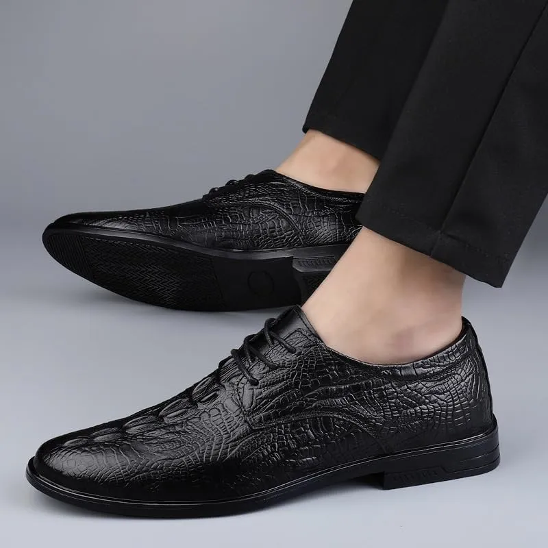 Fashion Pointed Toe Dress Shoes for Men, Men's Luxury Brogue Shoes, All Match Wedding Party Shoes, Black Crocodile Pattern Lace-up Oxford