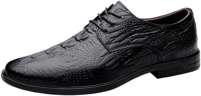 Fashion Pointed Toe Dress Shoes for Men, Men's Luxury Brogue Shoes, All Match Wedding Party Shoes, Black Crocodile Pattern Lace-up Oxford