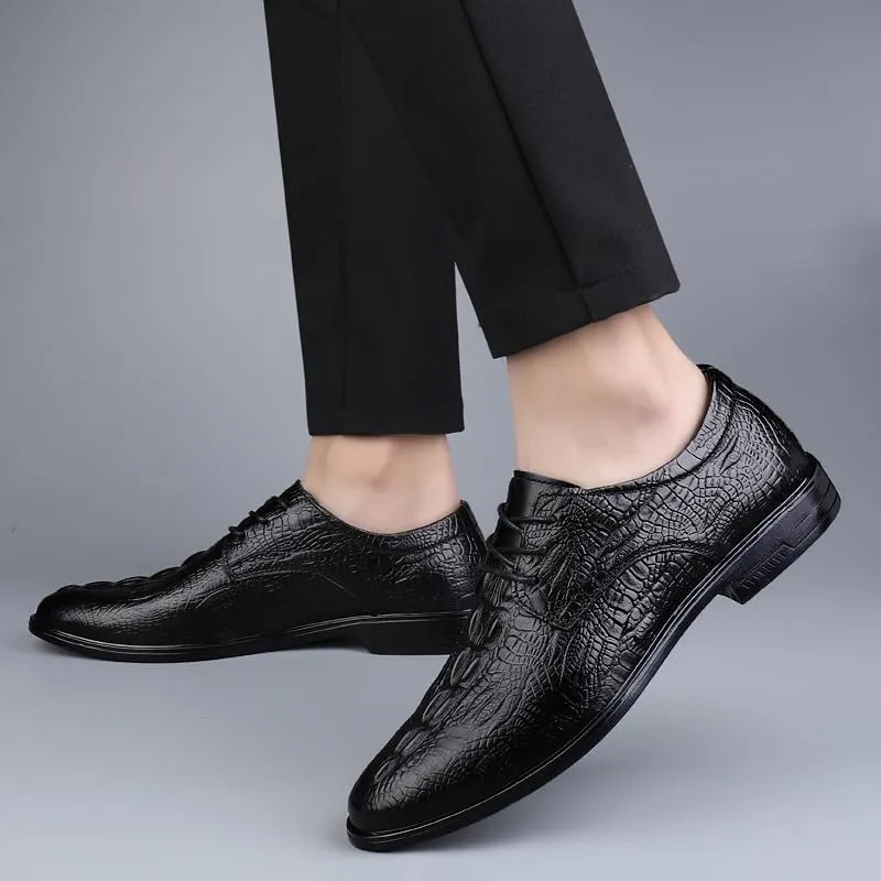 Fashion Pointed Toe Dress Shoes for Men, Men's Luxury Brogue Shoes, All Match Wedding Party Shoes, Black Crocodile Pattern Lace-up Oxford