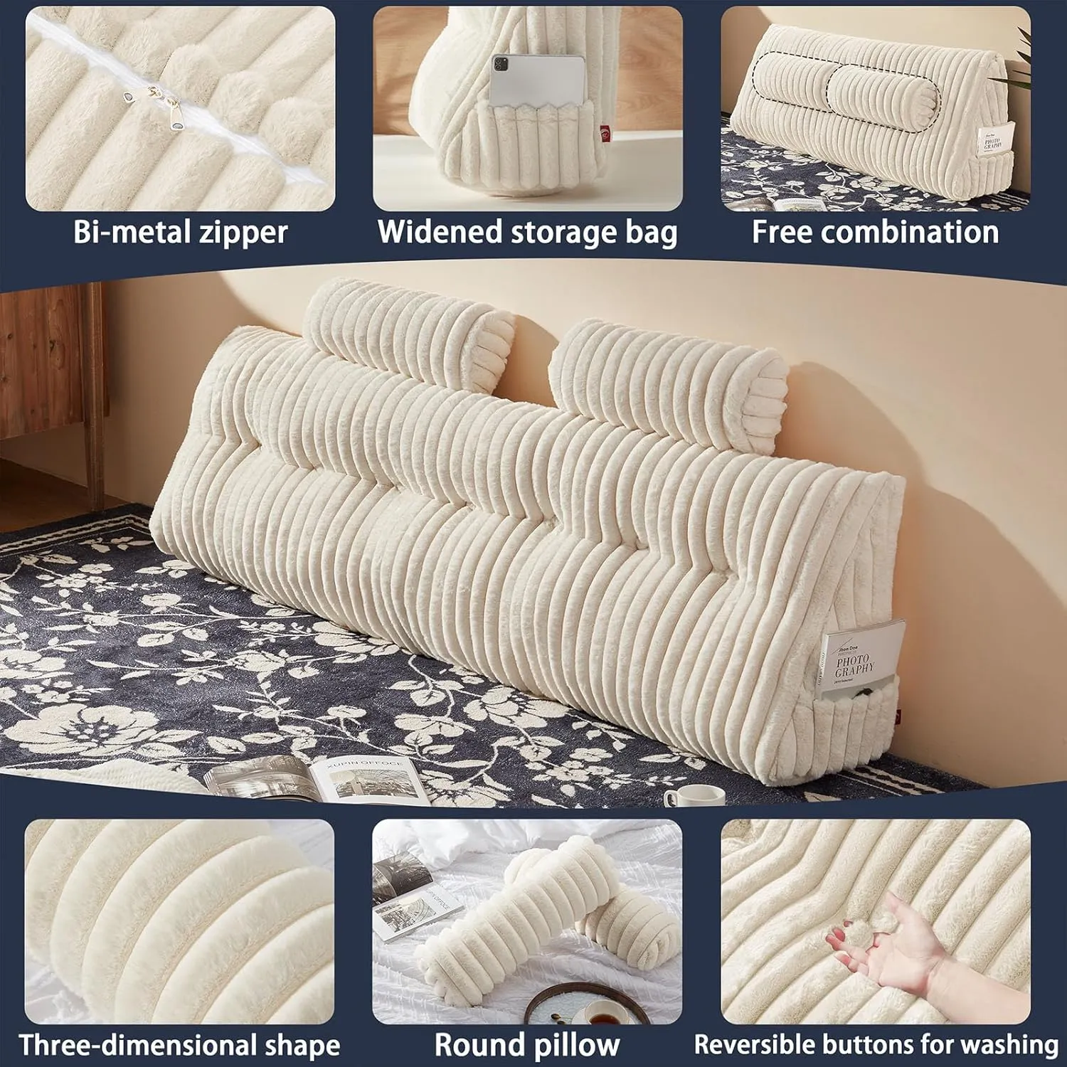 Faux Fur Headboard Pillow with 2 Pack Neck Roll Pillow Large Headboard Pillow Soft and Supportive with Removable Cover (Beige, King)