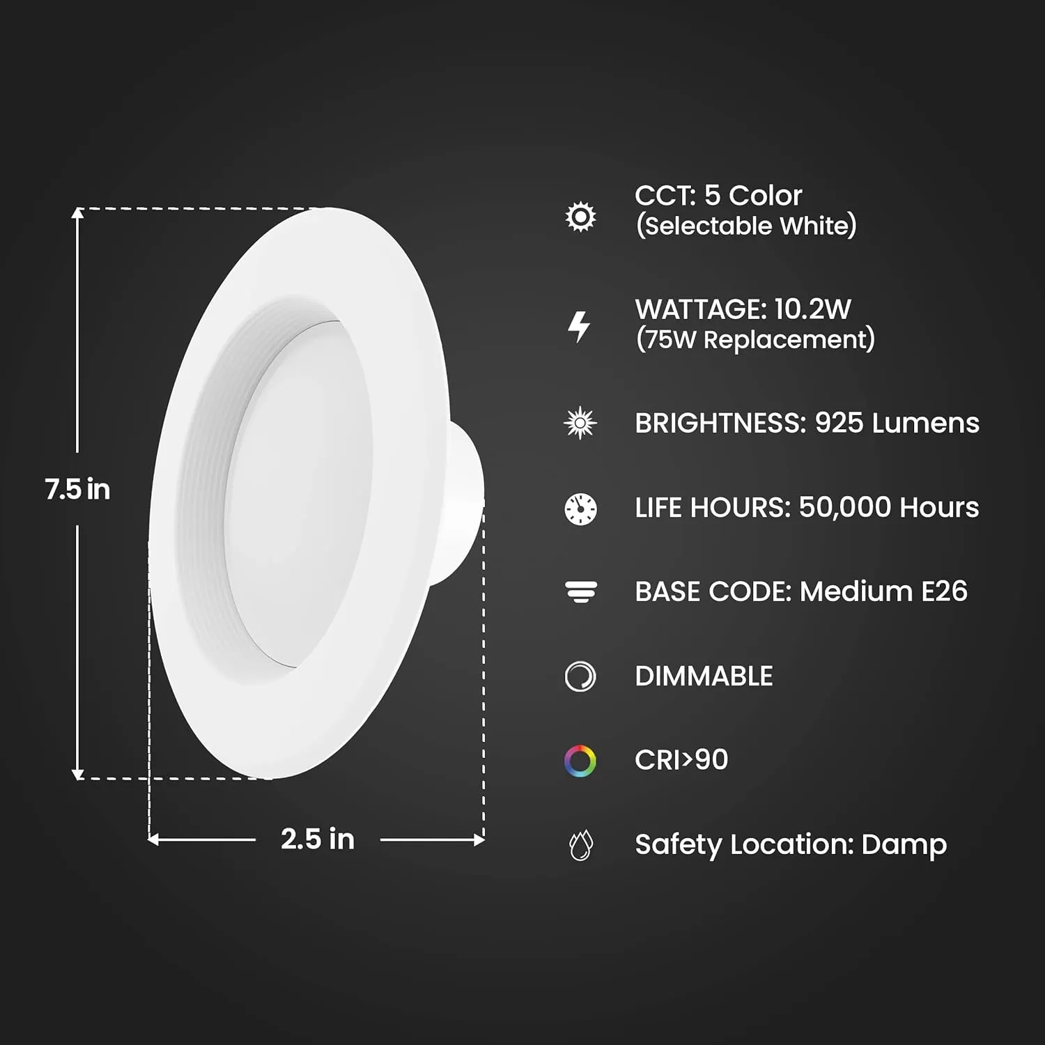 Feit Electric LED Downlight Retrofit Kit with Baffle Trim, 75W Equivalent, 5/6-Inch Dimmable Recessed Can Light, Adjustable White 2700K-5000K, 90  CRI, 50,000-Hour Lifetime, LEDR56B/6WYCA/MP/6