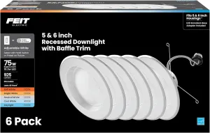 Feit Electric LED Downlight Retrofit Kit with Baffle Trim, 75W Equivalent, 5/6-Inch Dimmable Recessed Can Light, Adjustable White 2700K-5000K, 90  CRI, 50,000-Hour Lifetime, LEDR56B/6WYCA/MP/6