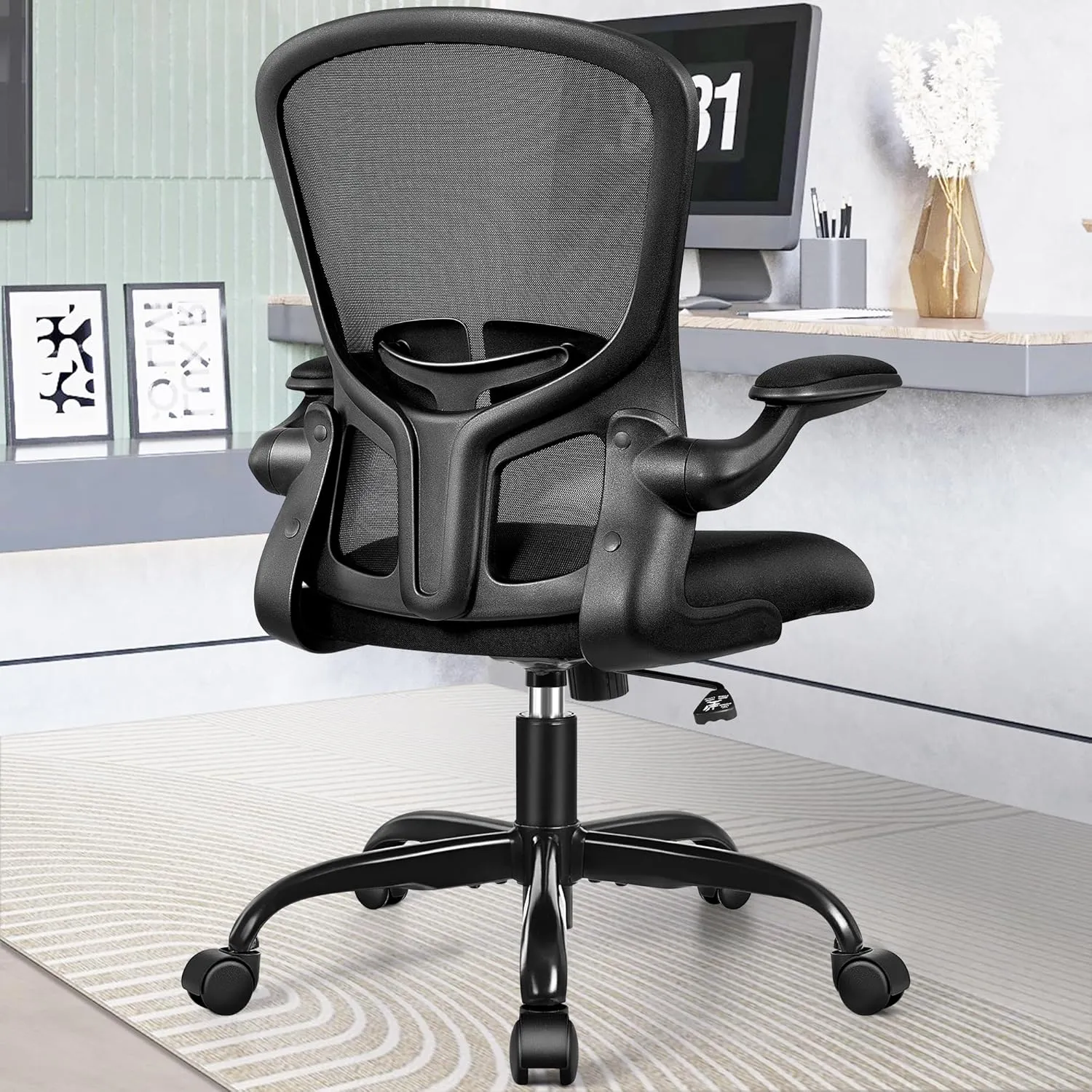 FelixKing Office Desk Chairs, Ergonomic PC Desk Chair with Wheels, Adjustable Lumbar Support and Height, Swivel Computer Chair with Flip-up Armrests, Ergo Mesh Backrest for Working (Black)