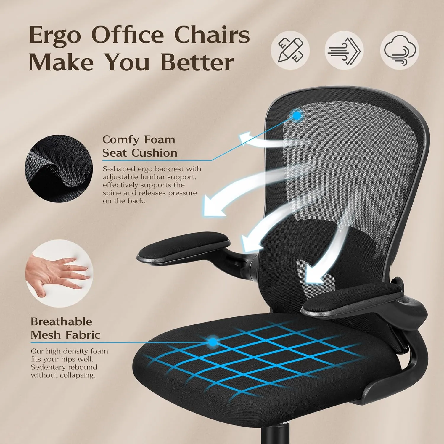 FelixKing Office Desk Chairs, Ergonomic PC Desk Chair with Wheels, Adjustable Lumbar Support and Height, Swivel Computer Chair with Flip-up Armrests, Ergo Mesh Backrest for Working (Black)