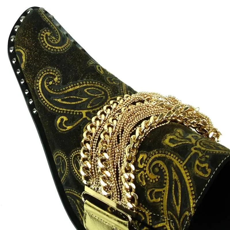 Fiesso FI-7322 Gold Chain Leather Loafers