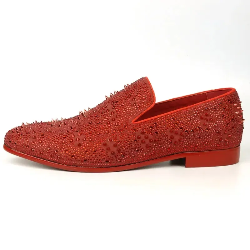 Fiesso FI-7516 Red Suede Rhinestones Spikes Slip on Loafers