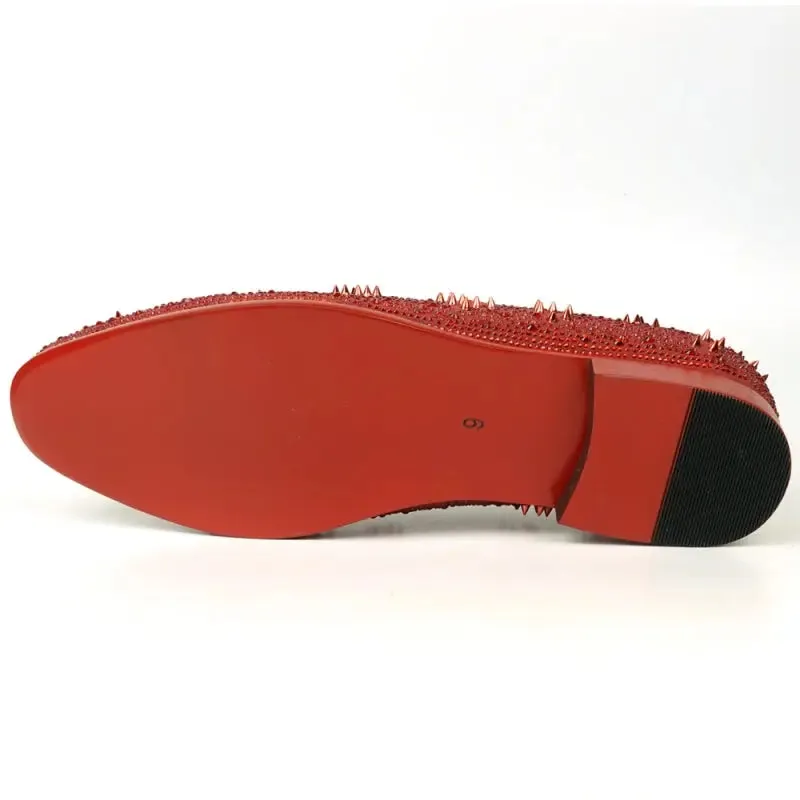Fiesso FI-7516 Red Suede Rhinestones Spikes Slip on Loafers