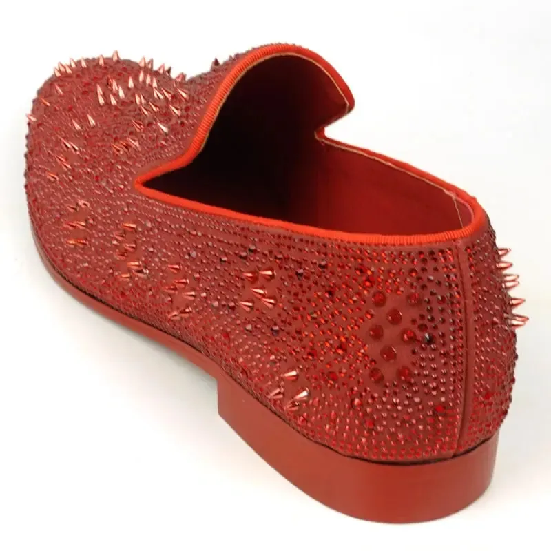 Fiesso FI-7516 Red Suede Rhinestones Spikes Slip on Loafers