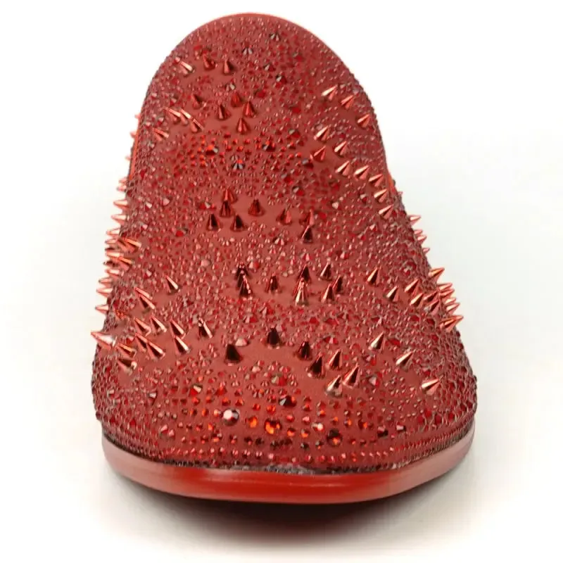 Fiesso FI-7516 Red Suede Rhinestones Spikes Slip on Loafers