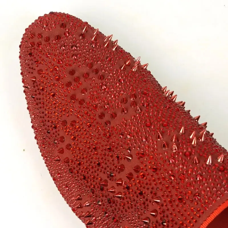 Fiesso FI-7516 Red Suede Rhinestones Spikes Slip on Loafers