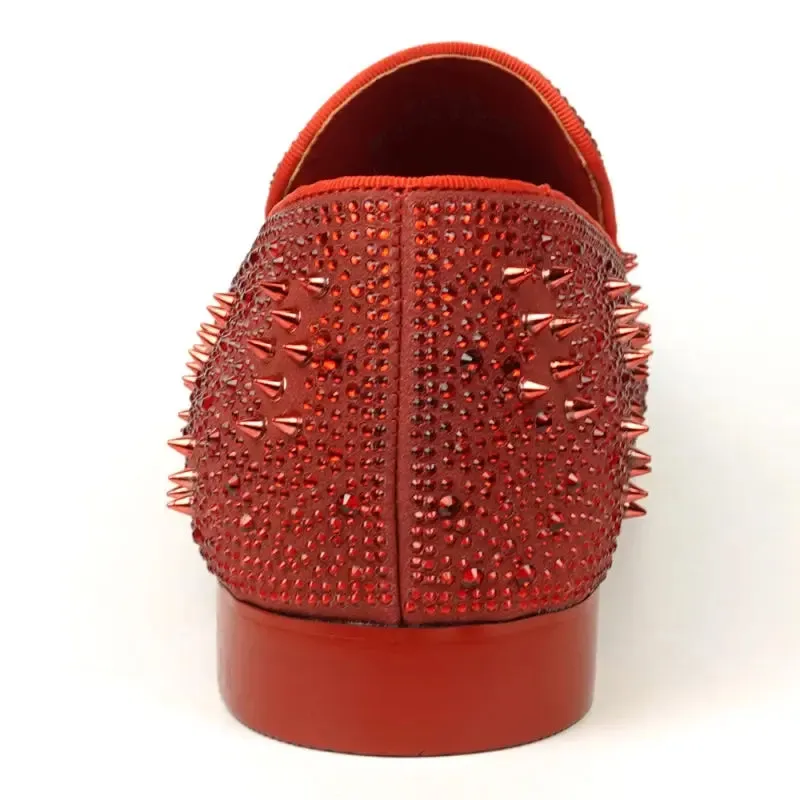 Fiesso FI-7516 Red Suede Rhinestones Spikes Slip on Loafers