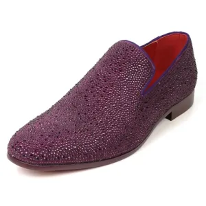 Fiesso FI-7525 Purple Suede Purple Rhinestones Slip on Loafers
