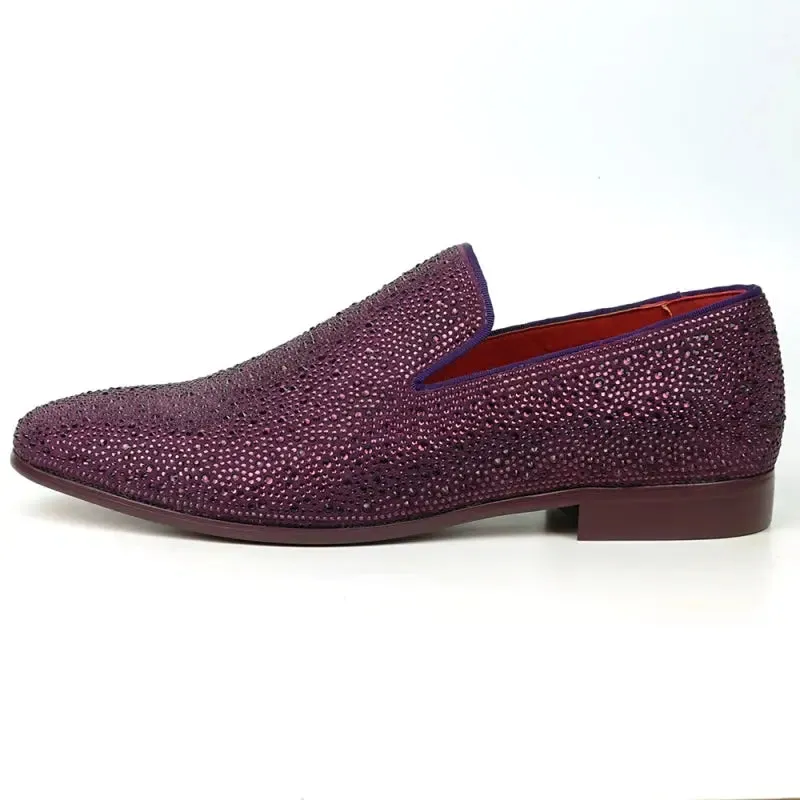 Fiesso FI-7525 Purple Suede Purple Rhinestones Slip on Loafers