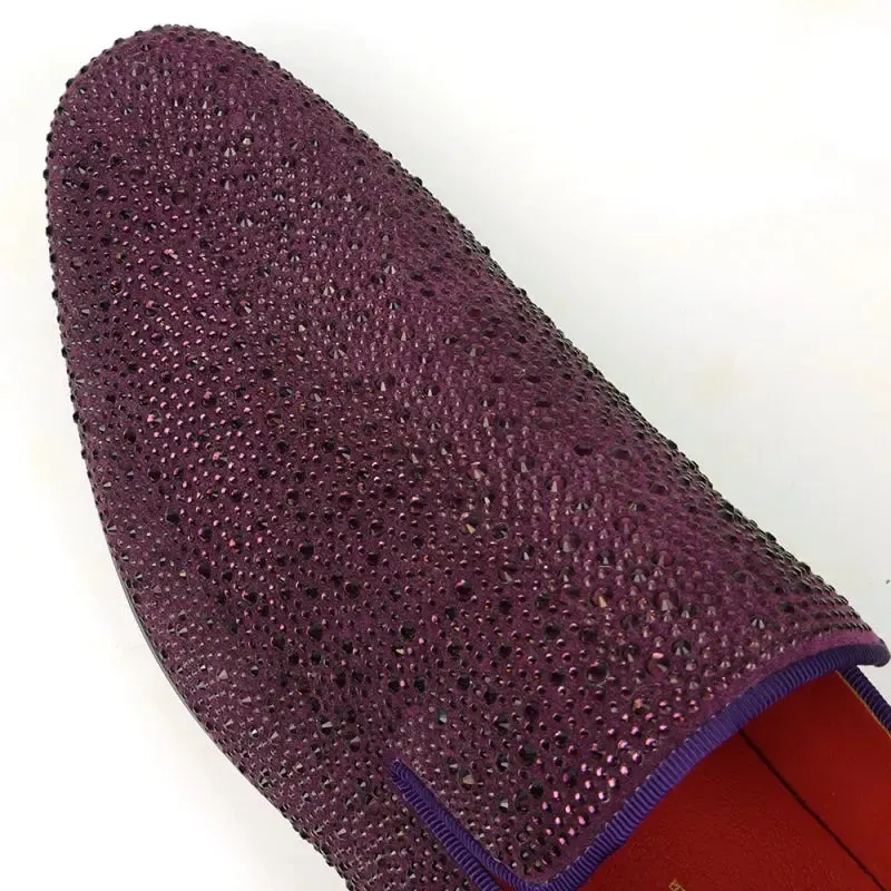 Fiesso FI-7525 Purple Suede Purple Rhinestones Slip on Loafers