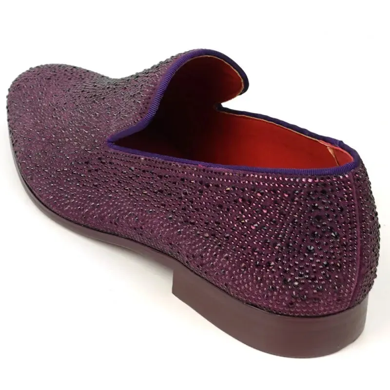 Fiesso FI-7525 Purple Suede Purple Rhinestones Slip on Loafers