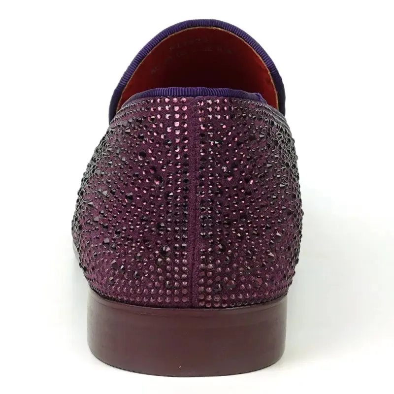 Fiesso FI-7525 Purple Suede Purple Rhinestones Slip on Loafers
