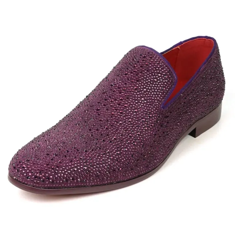 Fiesso FI-7525 Purple Suede Purple Rhinestones Slip on Loafers