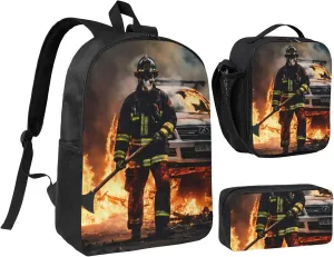 Firefighter Fireman Flame print Backpack Set Casual Shoulder Bag Lunch Bag Pen Pouch 3 in 1 Set 17inch for Women Men College